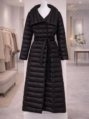 Via Spiga Long Belted Puffer Coat Black Feather-Free Hooded Size L NWT